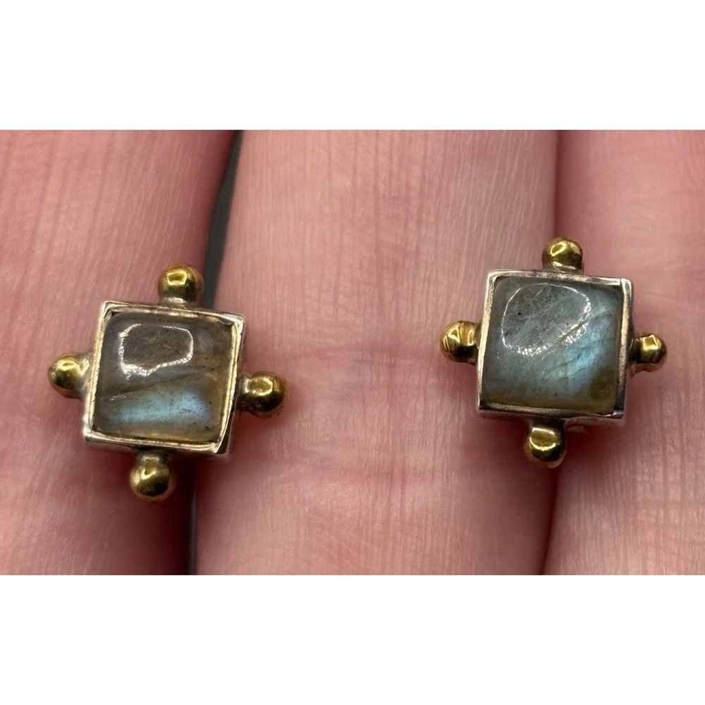 Vintage Modernist Labradorite 925 Sterling Silver Gold Accents Stud Earrings